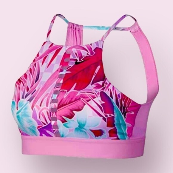 Nike Indy Sports Bra Pink Halter Tropical Cut Out Open Back Womens Size Small - Picture 1 of 10